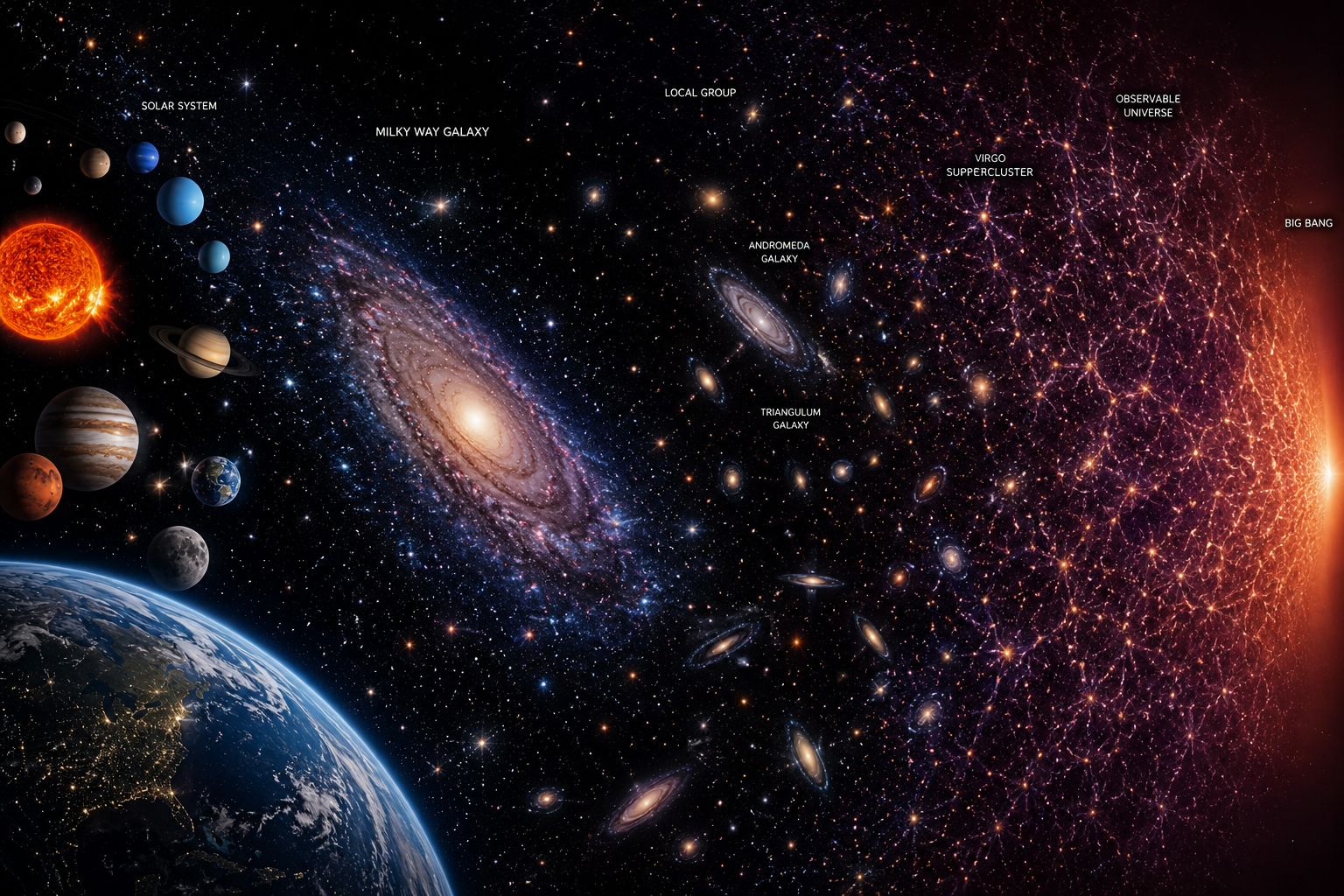 From the solar system out through the Milky Way, Local Group and superclusters to the Big Bang